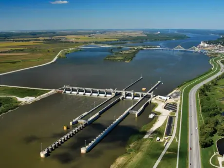 Aerial view of Upper Wood Levee located on the Mississippi river